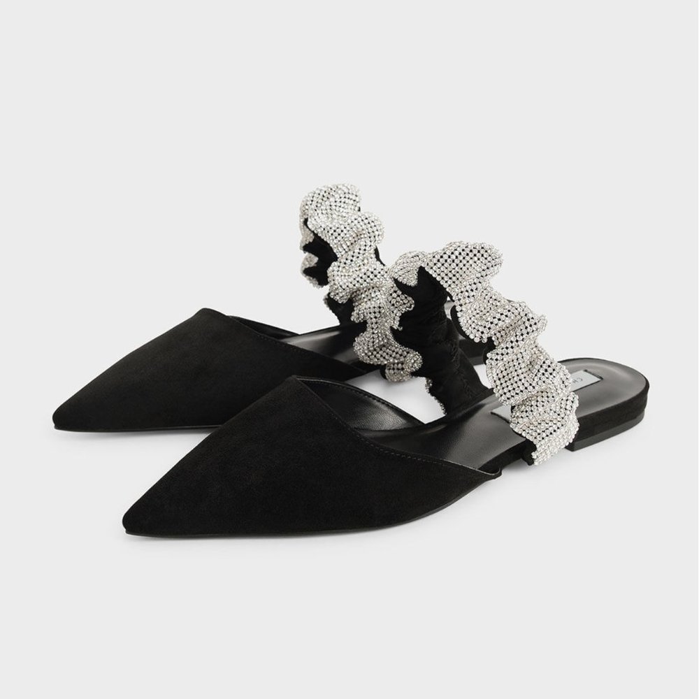CHARLES & KEITH Gem-Encrusted Ruched Strap Textured Mules